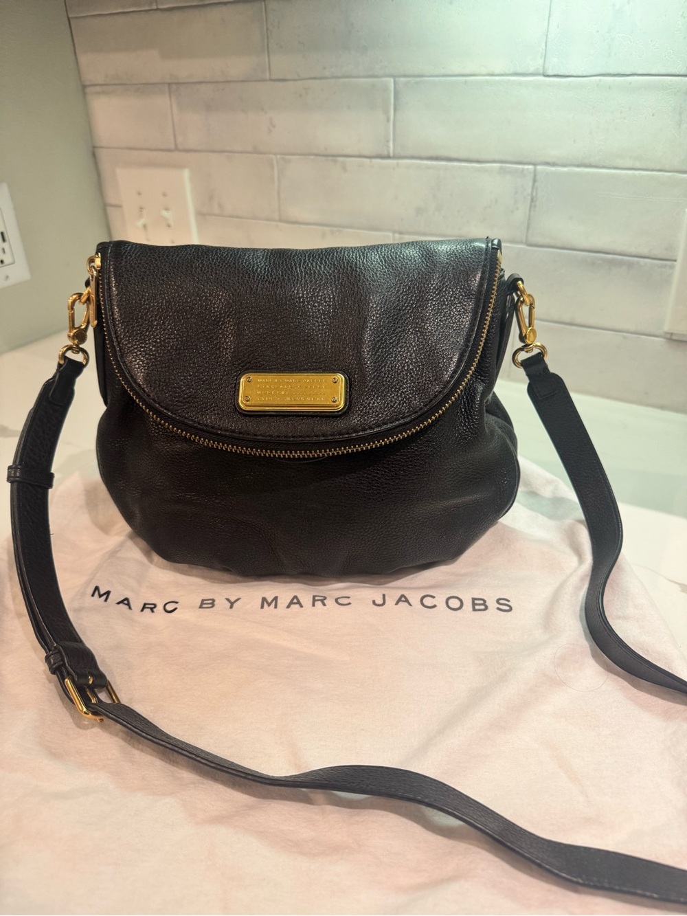 Marc by Marc Jacobs Black Pebbled Leather Flap Crossbody with Gold Hardware